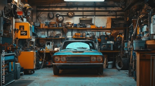 Classic car restoration, garage workshop, tools, clutter, project