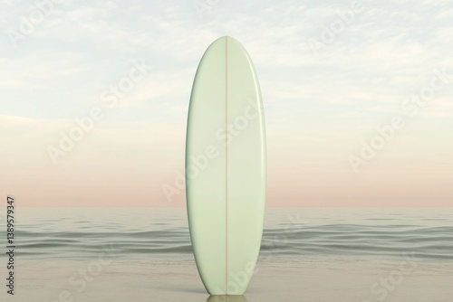 Minimalistic surfboard standing on calm water, soft pastel sky e