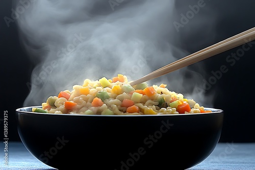 Obraz na płótnie A steaming bowl of pasta with assorted vegetables and chopsticks w salonie