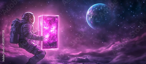 An astronaut floating in space holding a glowing purple object