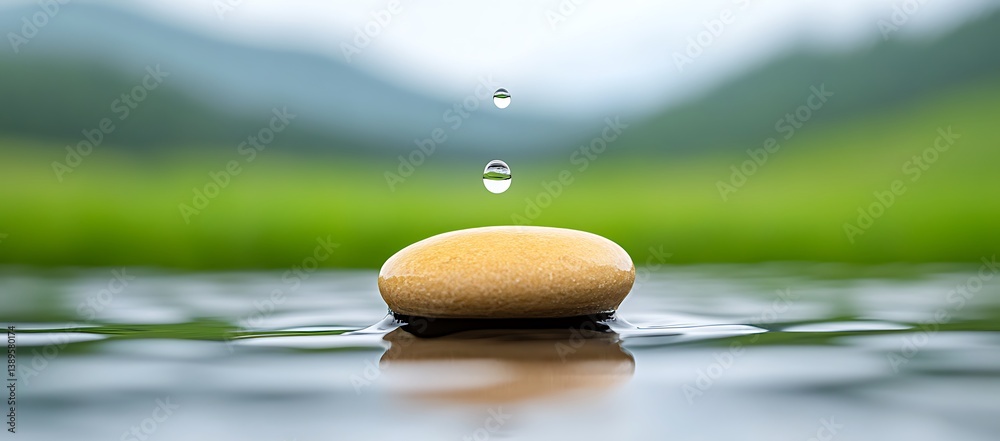 Water droplets falling onto a smooth stone resting on waters surface