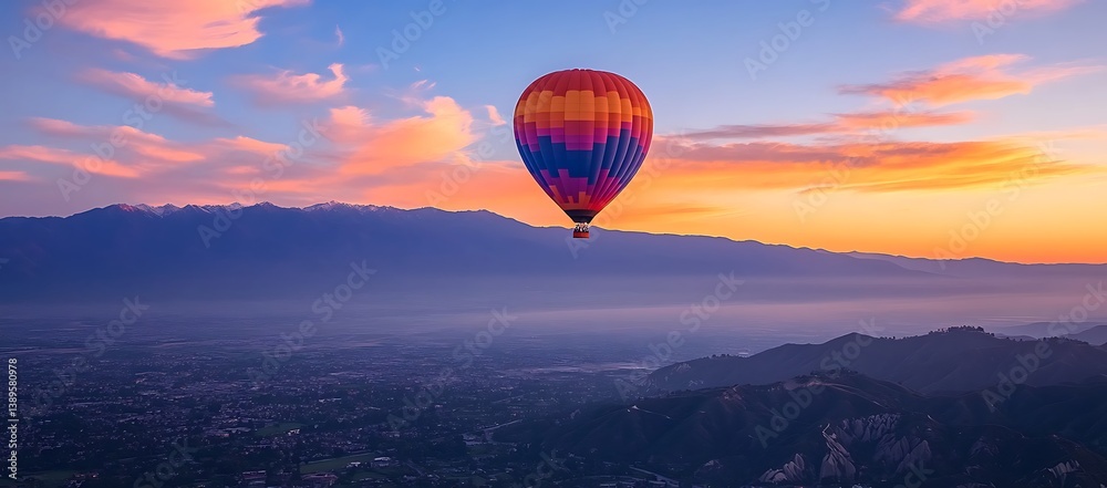 A colorful hot air balloon floats above mountainous landscape at sunset
