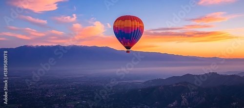 Obraz na płótnie A colorful hot air balloon floats above mountainous landscape at sunset w salonie