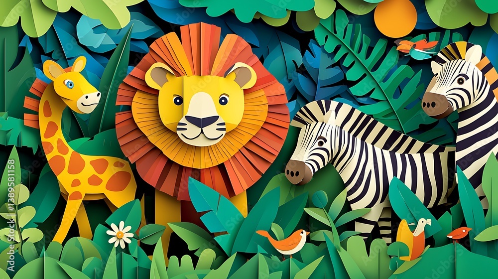 A Colorful Paper Cut Illustration Featuring Various Jungle Animals