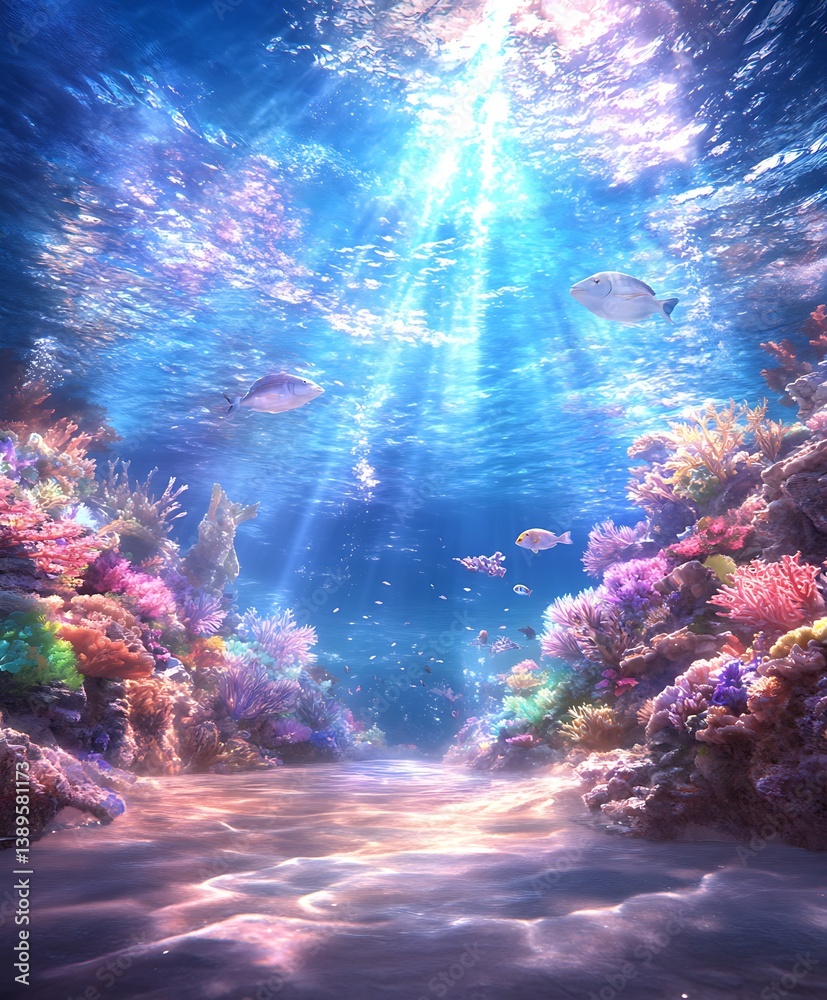 A vibrant colorful underwater scene with fishes and coral reefs
