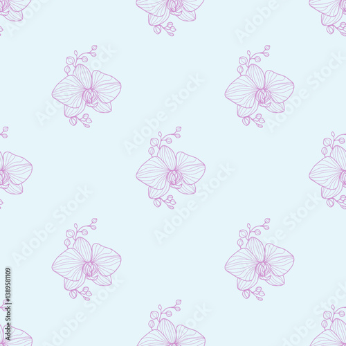 Seamless pattern with delicate orchid flowers in soft purple line art on a light blue background. Elegant and minimal floral design. For textiles, wallpapers, wrapping paper, and digital project