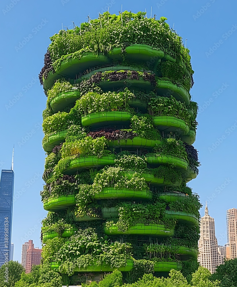 A tall green building covered in lush living vegetation