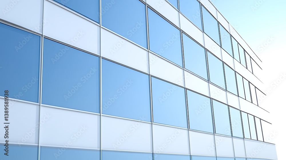 Modern architectural facade of a building with many windows reflecting sky