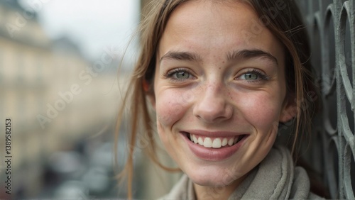 A young woman with a radiant smile stands near a decorative wrought iron fence in Paris. Her warm demeanor complements the overcast sky, creating a moment of light amidst the clouds.