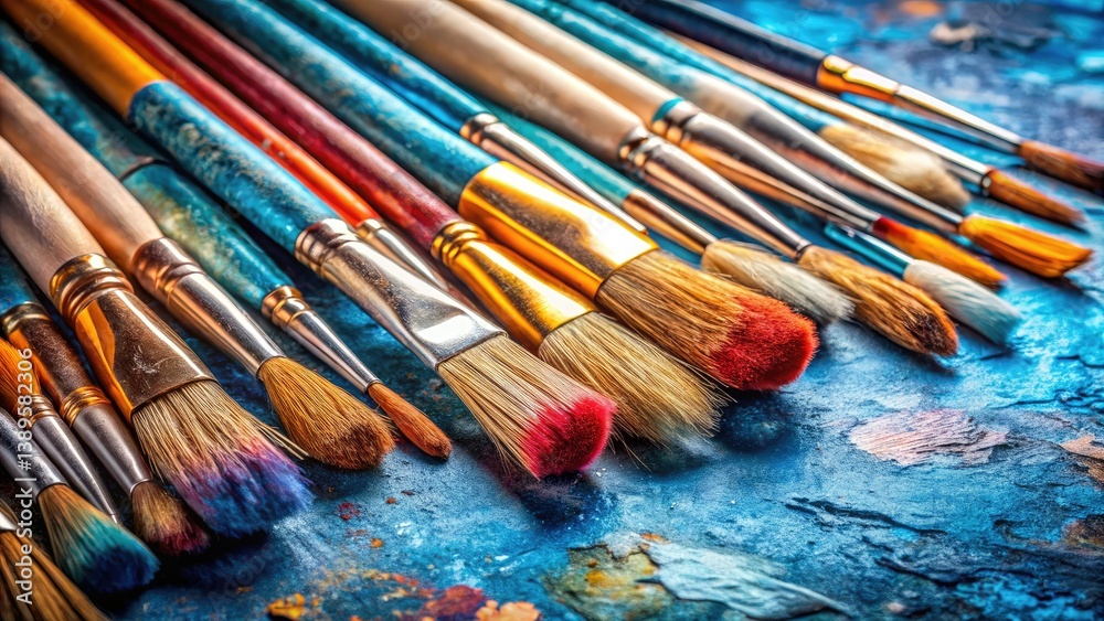 Fototapeta premium Blue-textured long exposure art brushes and creative workspace painting supplies inspire artistic expression.