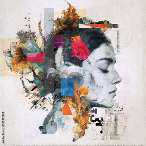 Mental health concept, abstract female collage. Inner world, psychological balance, emotional introspection self-reflection. Therapy, trauma recovery, mind healing, anxiety depression, psychology art