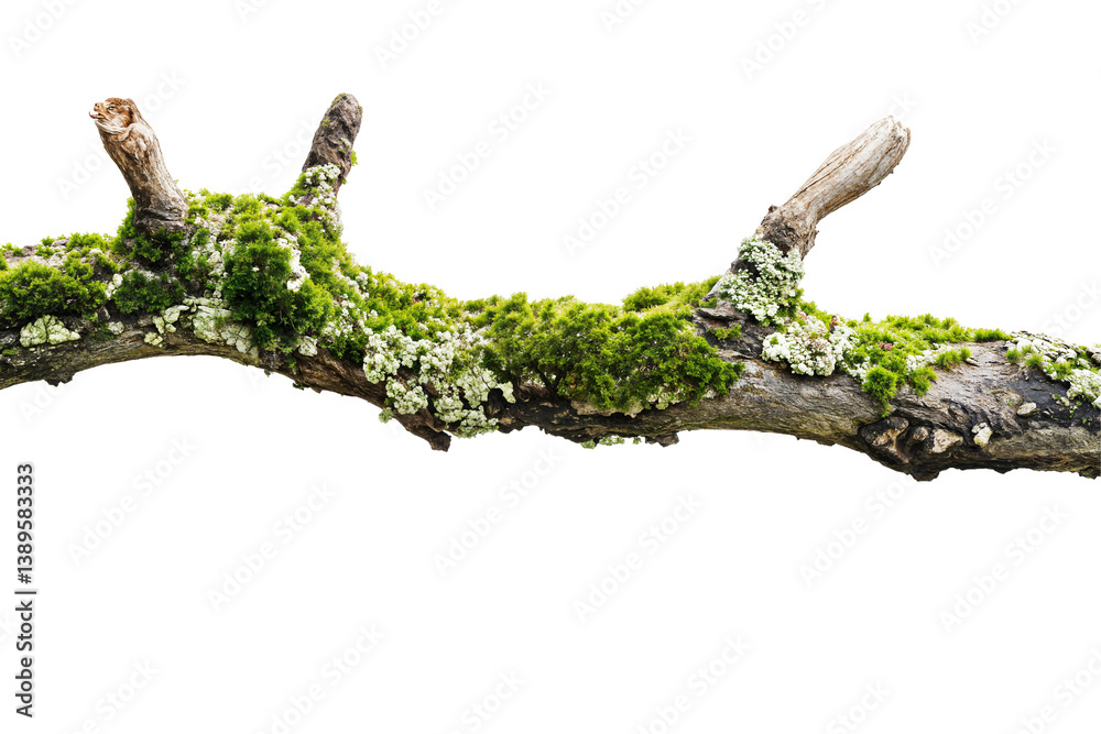 Fototapeta premium Tree branch covered with moss and lichen isolated on transparent background