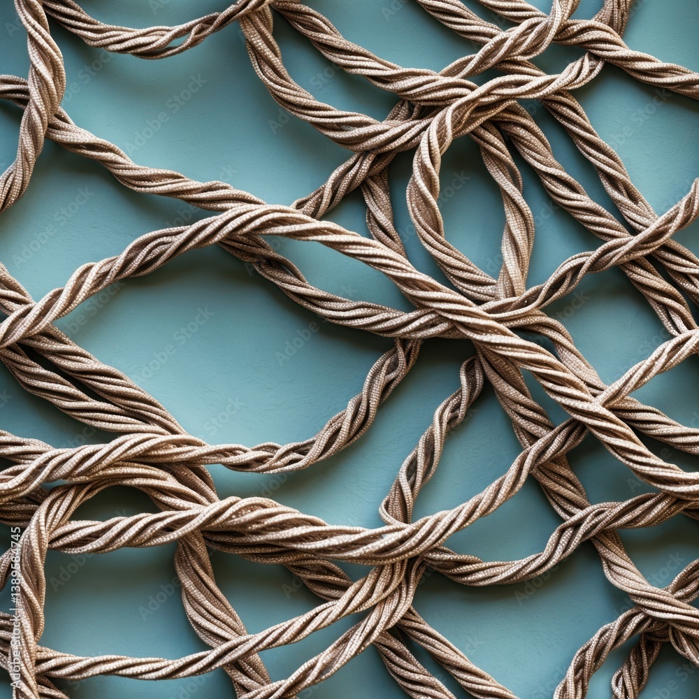 Naklejka premium Beige Twisted Strings Seamless Pattern on Blue Background Fabric Backdrop Abstract Texture Surface