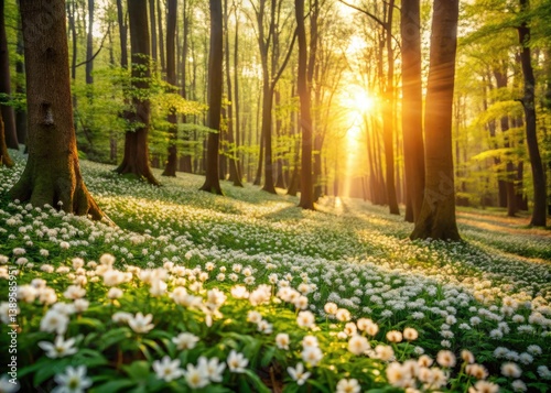 Delicate white blooms bathed in morning light, a peaceful woodland floor evokes sweet nostalgia.