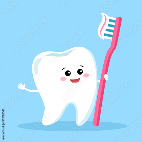 Cute happy smiling tooth with toothbrush and toothpaste cartoon character vector illustration. Brushing teeth. Dental care.