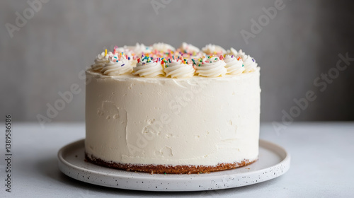 delicious cake with white frosting and colorful sprinkles, perfect for celebrations