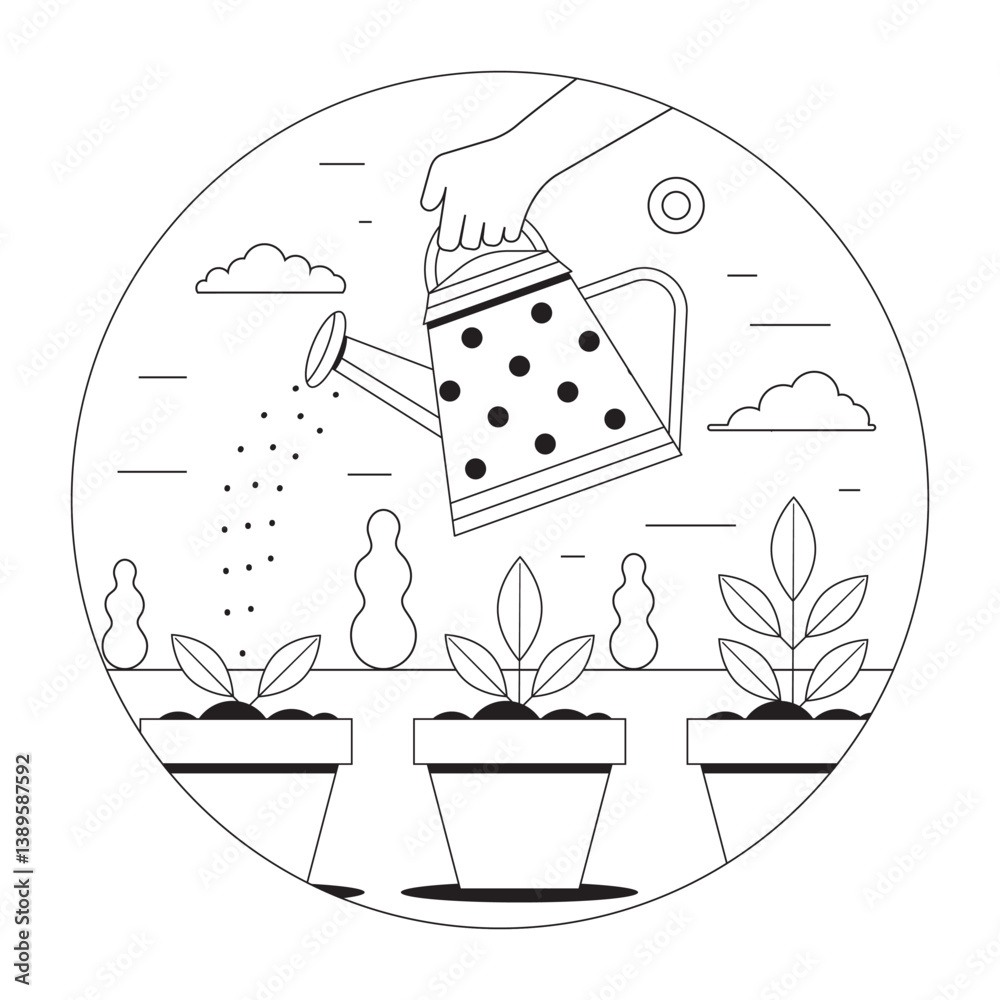Seedlings Growing Scene with Can Watering Plants