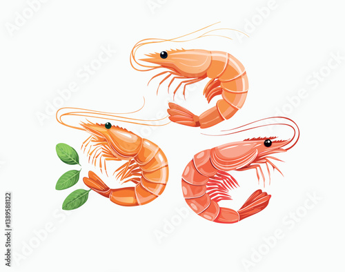 Three delicious cooked shrimps isolated on white background