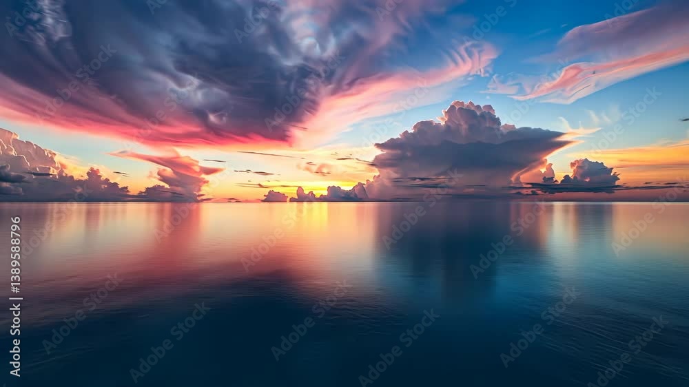 Floating sea with waves curling upwards, horizon merging into an endless palette of soft pastels, dreamy reflection