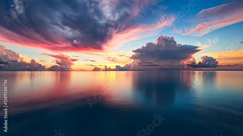 Floating sea with waves curling upwards, horizon merging into an endless palette of soft pastels, dreamy reflection