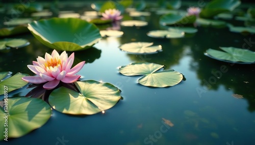 Lily pads and water lilies create a floral pattern on a lake's surface, image, green