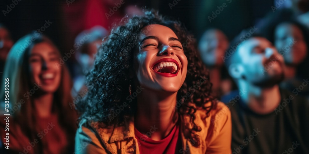 Group of people laughing at stand up comedy performance. Men and women with excited expressions on their faces.