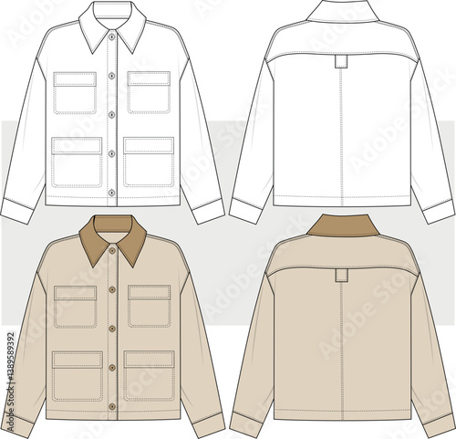 Unisex Men's utility Cargo Jacket, workers jacket fashion technical drawing illustration, vector. front and back view, cad, mockup.