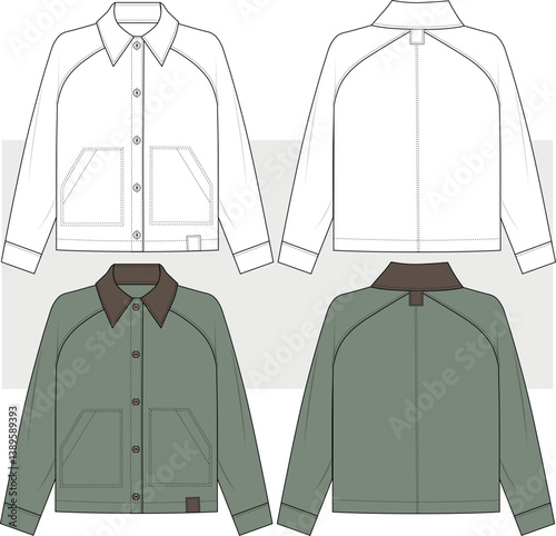 Unisex Men's utility army cargo Jacket, workers jacket fashion technical drawing illustration, flat sketch, vector. front and back view, cad, mockup.