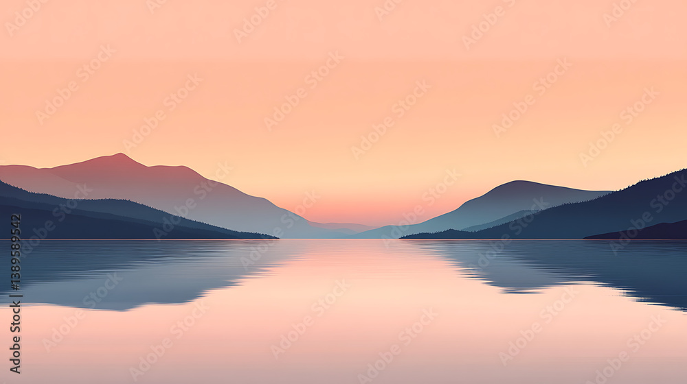 Fototapeta premium Calm sunset over still lake and mountains.