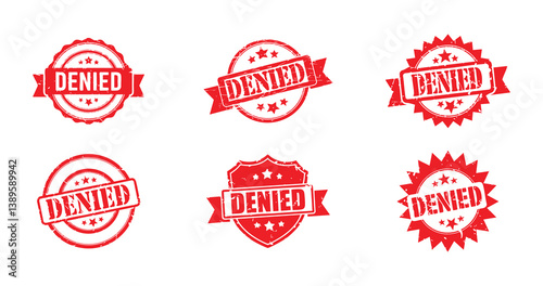 set of red vintage denied badge stamp with ribbon for rejection and approval status concept

