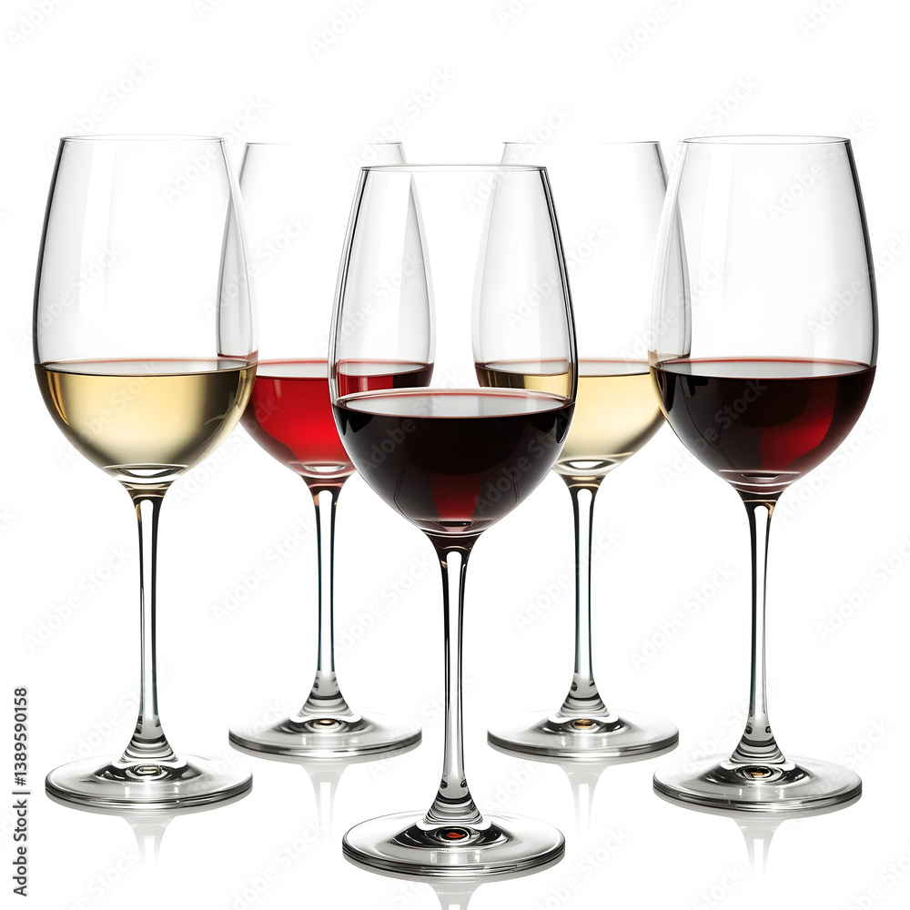 Stylish glassware featuring red and white wines, presented cleanly against a seamless white background Stylish glassware featuring red and white wines, presented cleanly against a seamless white background