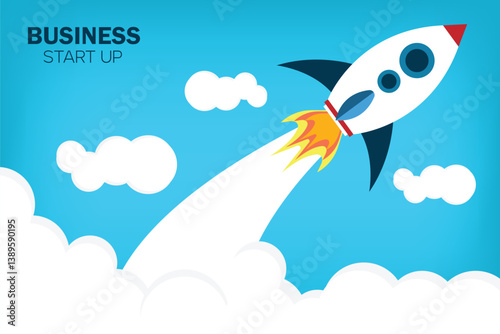 Business start-up banner with rocket launch