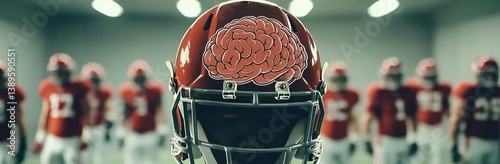 The helmet of a football player is adorned with a brain illustration, signifying the connection between sports, health, and technology in athlete safety and training
