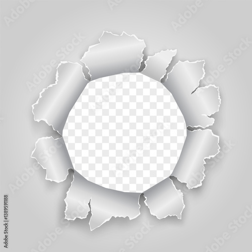 Round hole with ragged edges on paper. Template frame isolated on transparent background. Vector mockup