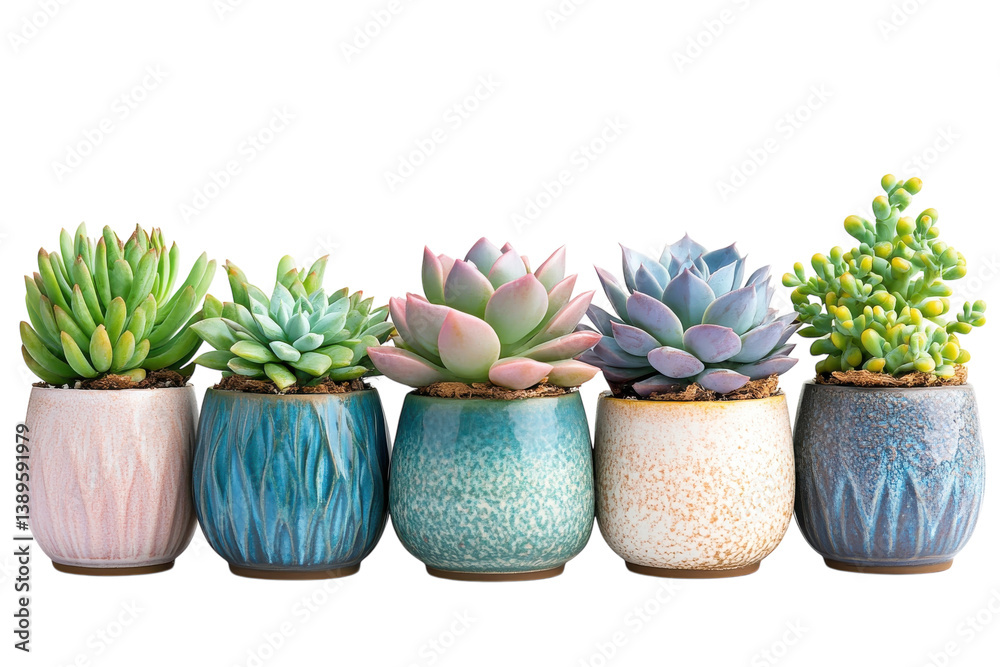 Vibrant succulent collection in unique ceramic pots showcasing diverse textures and colors against a Vibrant succulent collection in unique ceramic pots showcasing diverse textures and colors against a