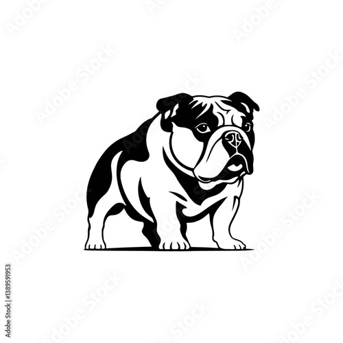 A black and white vector silhouette of a bulldog sitting calmly, with its ears perked up and a wide chest on a white background.