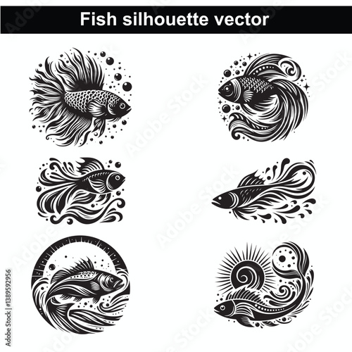 Tribal tattoo designs vector art illustration set with animal, fish, bird, and floral elements in black pattern decoration