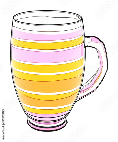 Striped glass mug cheerful yellow pink design. AI Generated