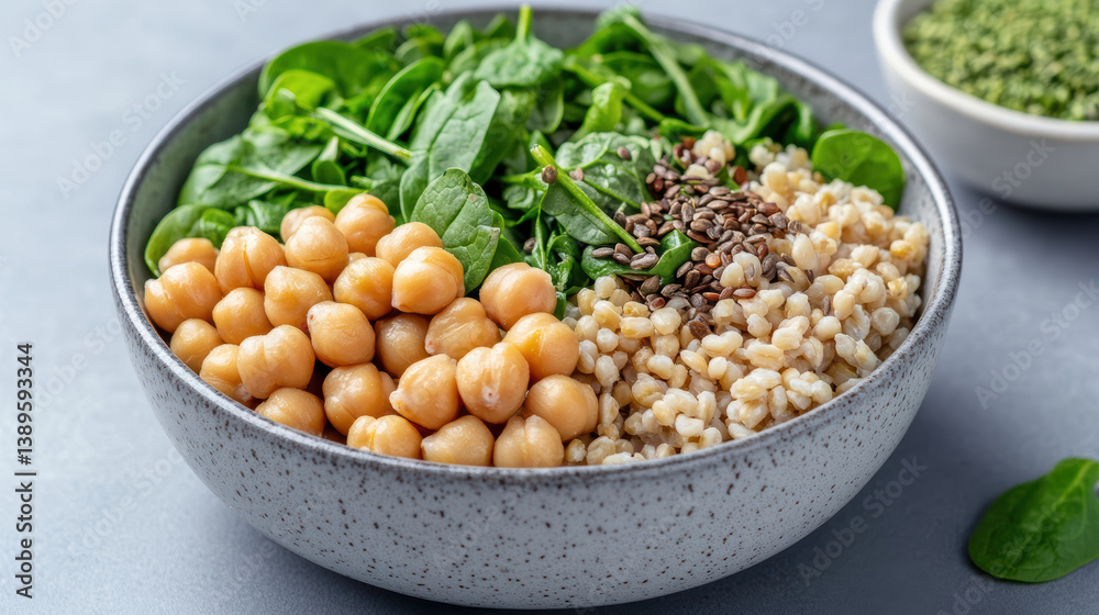 nutritious salad bowl featuring chickpeas, farro, and fresh spinach, perfect for healthy meal nutritious salad bowl featuring chickpeas, farro, and fresh spinach, perfect for healthy meal