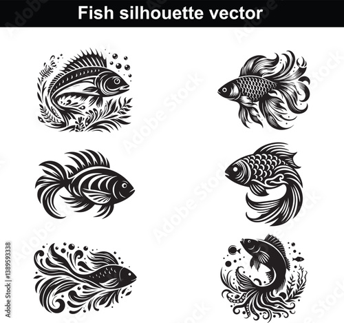 Vector set of tribal tattoo designs featuring marine life like fish and shells in a seamless pattern illustration