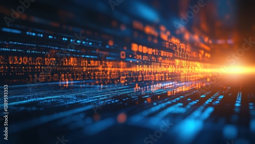 Abstract Digital Binary Code Stream in Blue and Orange Futuristic Data Matrix Background for Technology and Artificial Intelligence Concepts