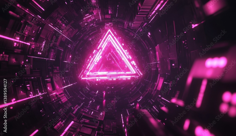 Abstract Futuristic Neon Tunnel with Glowing Magenta Triangle Light and Geometric Pattern in Dark Sci Fi Structure Abstract Futuristic Neon Tunnel with Glowing Magenta Triangle Light and Geometric Pattern in Dark Sci Fi Structure