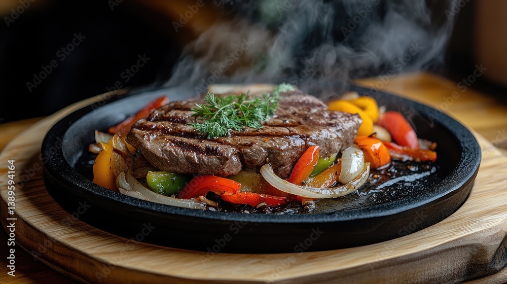 Fototapeta premium Grilled Steak with Veggies on Hot Plate