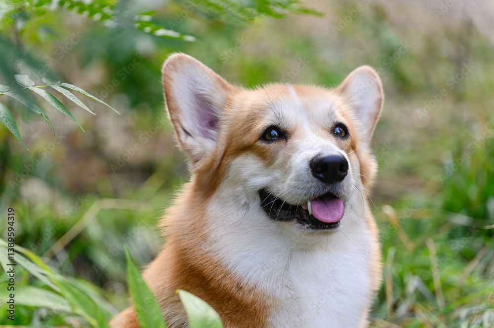 Happy corgi dog with tongue out sitting among lush green plants in the forest.