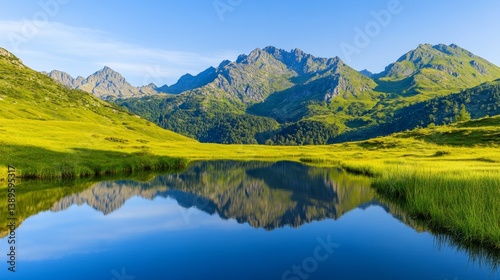 Serene mountain landscape with a reflective lake surrounded by lush greenery under a clear blue sky
