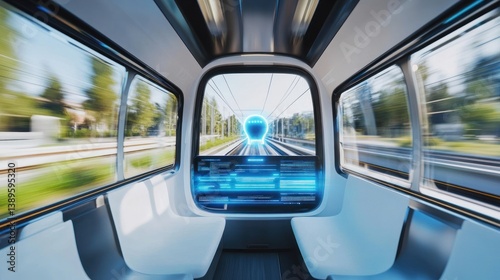 Futuristic train interior, motion blur, digital display