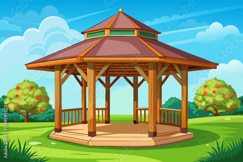 vector of Wooden gazebo on the green floor