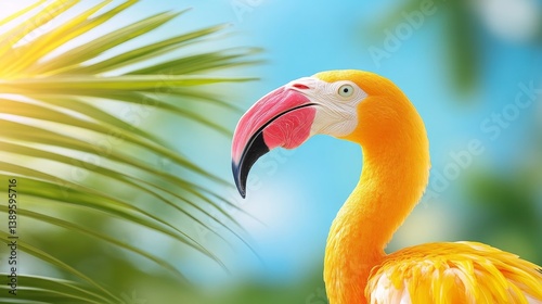 Vibrant yellow flamingo standing among lush green palm leaves with a bright blue background