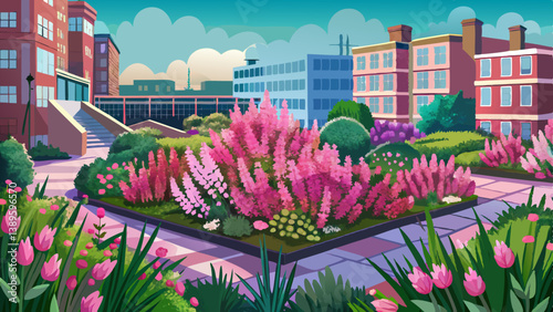 Pink flowering winter heath (Erica carnea) in an urban garden