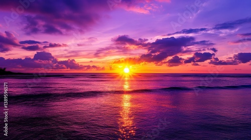 Vibrant sunset over calm ocean waters with colorful clouds reflecting on the surface
